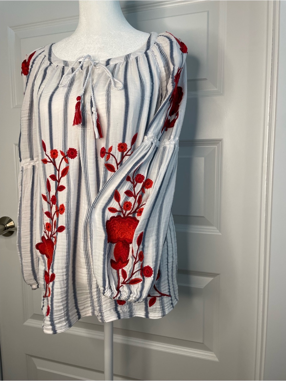 INC International Embroidered Stripe Peasant Blouse Red Floral Accents - Medium